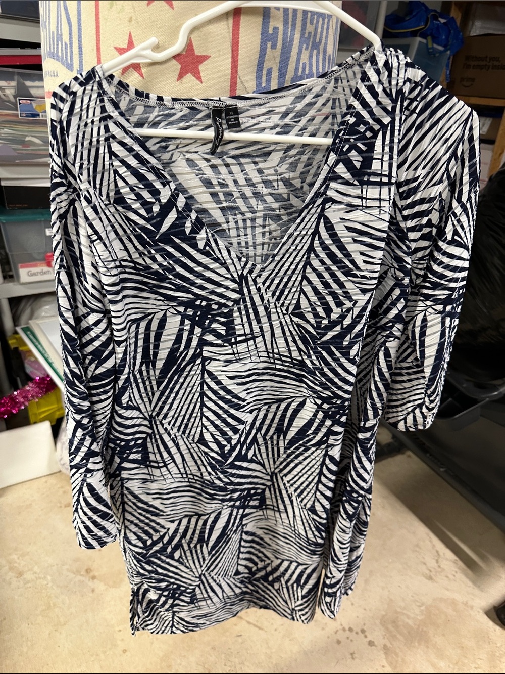 Navy & White Palm-Print V-Neck Swim Coverup